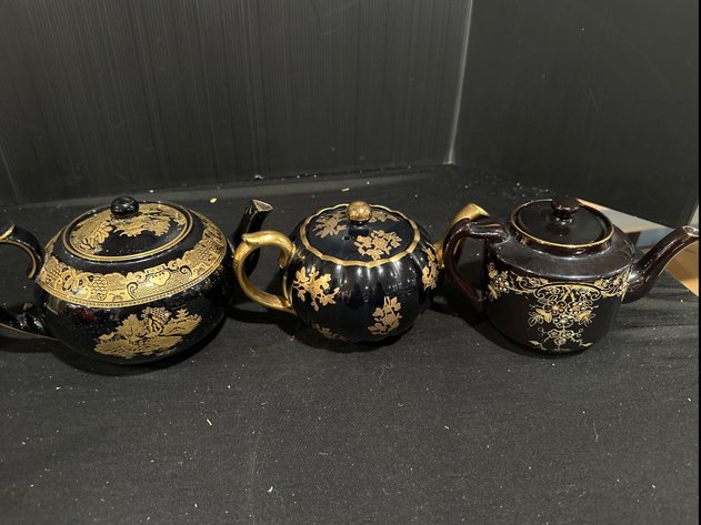 Image for Vintage Black Glazed and Gilt Teapots
