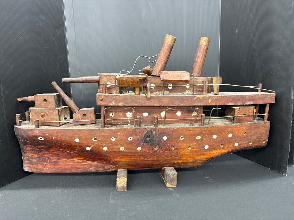 Handmade Folk Art Wooden Naval Ship Model