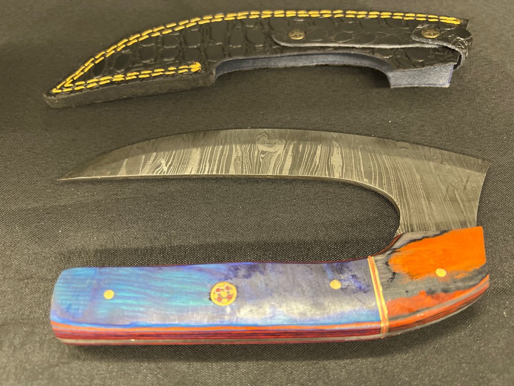 Damascus Steel Ulu-Style Knife &  Sheath