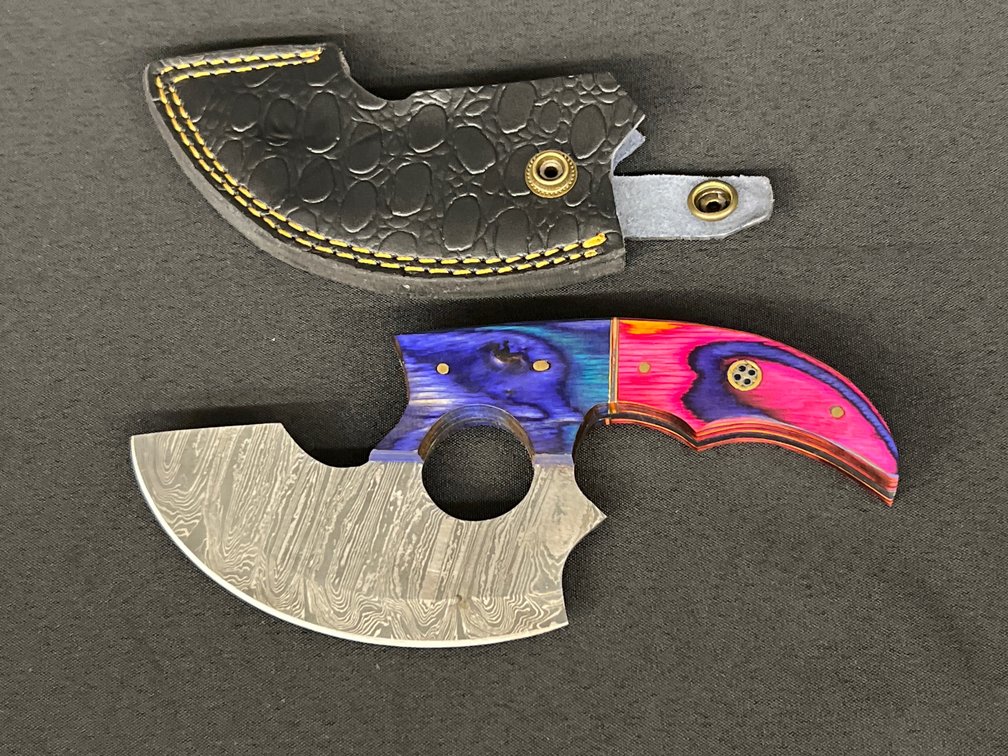 Damascus Steel Ulu-Style Knife with Sheath