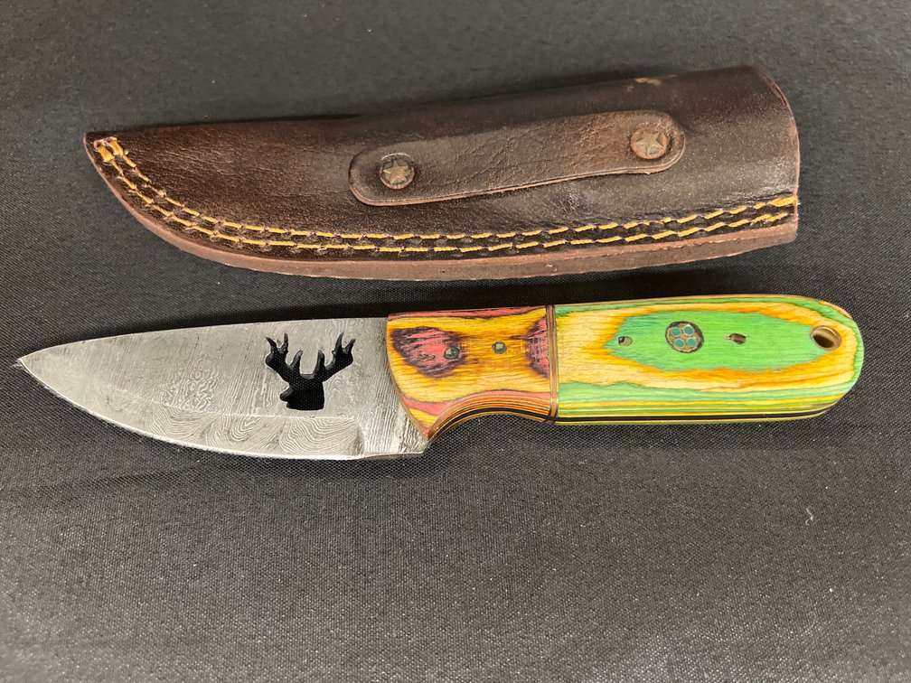 Damascus Fixed Blade Knife & Leather Sheath