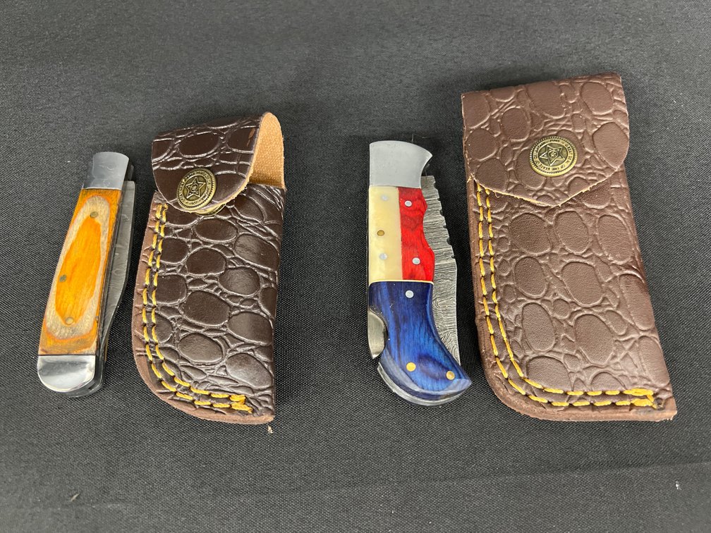 Damascus Steel Folding Pocket Knives & Sheaths