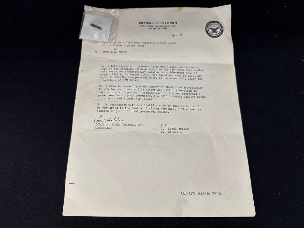 1968 USAF 5010th Combat Support Group Commendation & Lapel Emblem