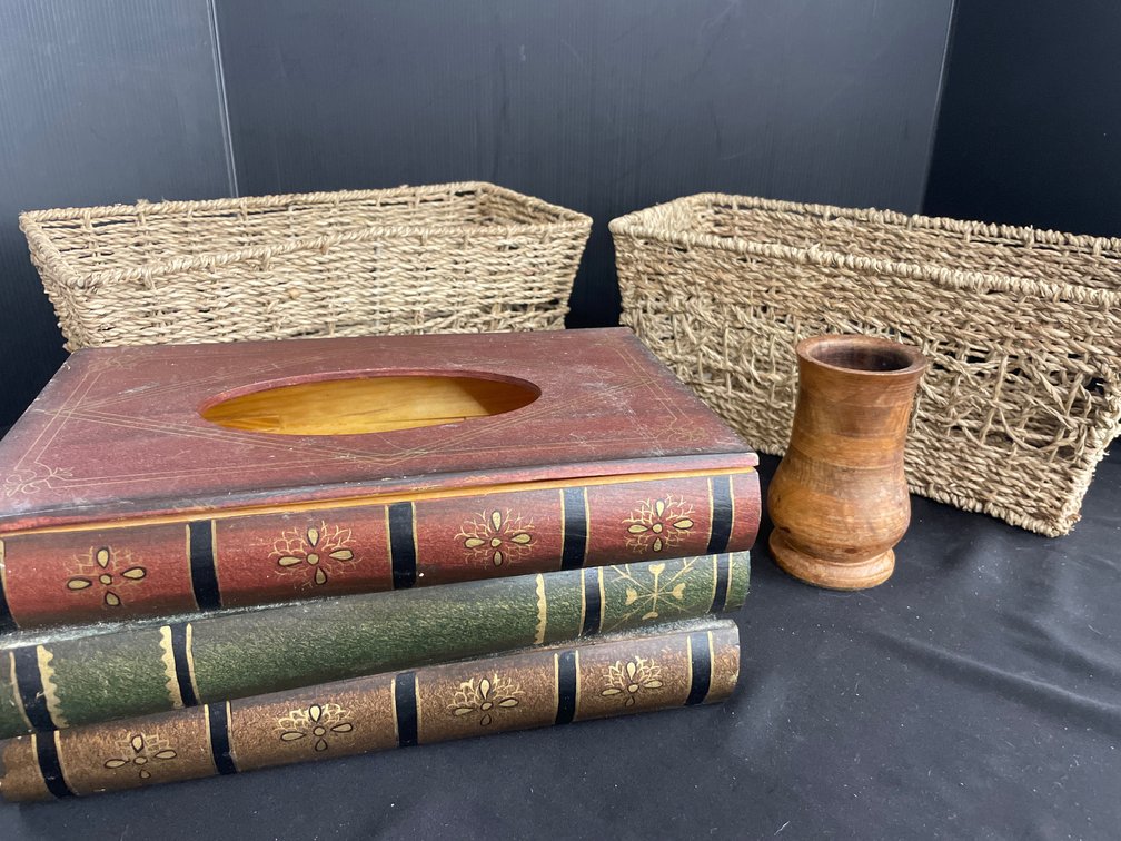 Decorative Wooden Accents and Woven Storage Baskets