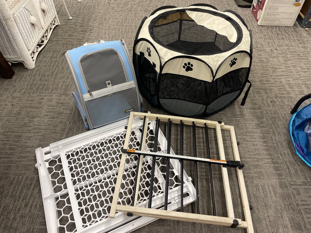 Texsens Pet Carrier Backpack, Playpen, and Safety Gates (4)