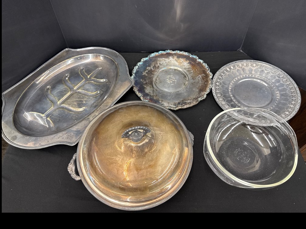 Vintage Silverplate and Pyrex Tableware Assortment