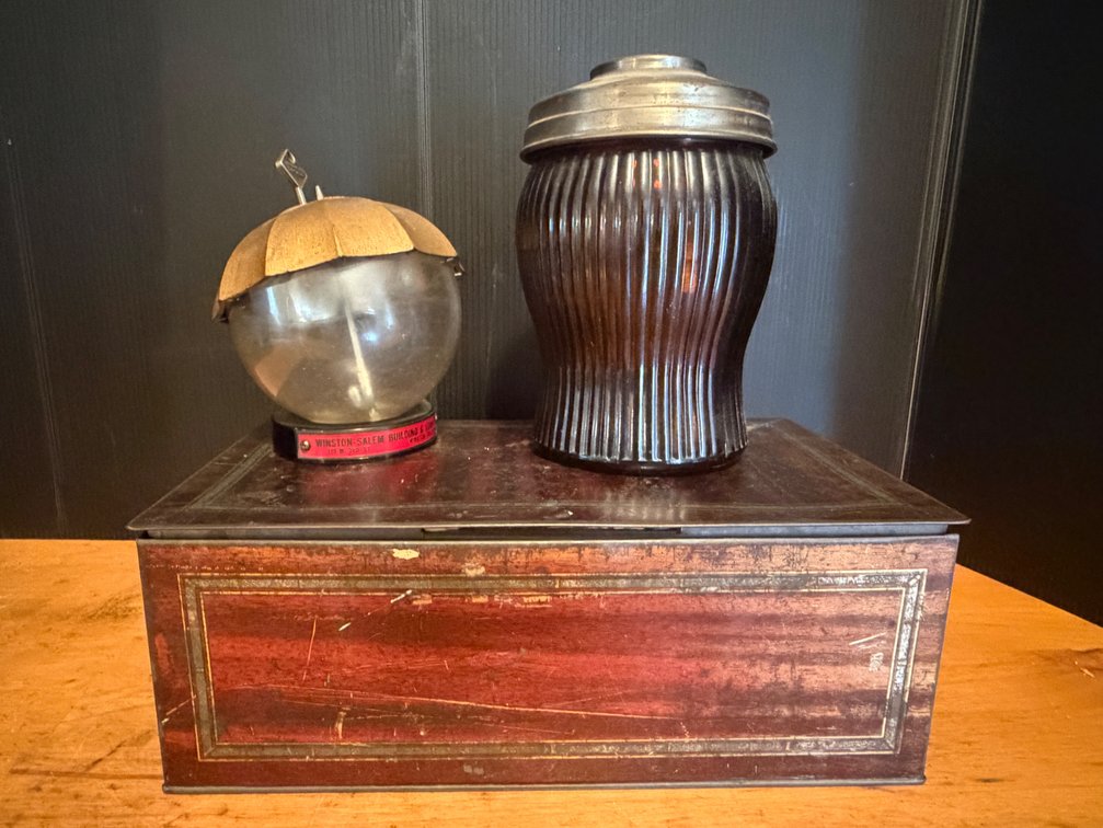 Vintage Banthrico Bank, Amber Glass Jar, and Lithograph Tin Box (3)