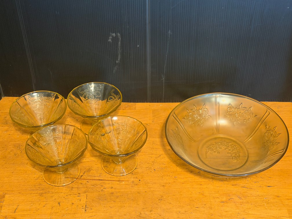 Vintage Amber Pressed Glass Dessert Set (5-Piece)