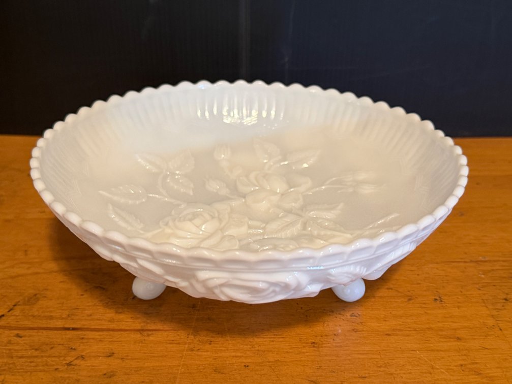 Vintage Milk Glass Embossed Rose Footed Bowl