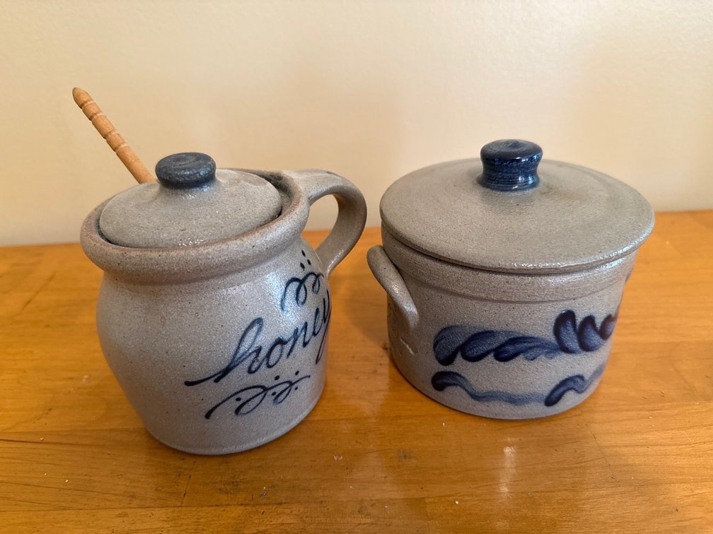 Cobalt-Decorated Salt-Glazed Stoneware Honey Pot and Crock