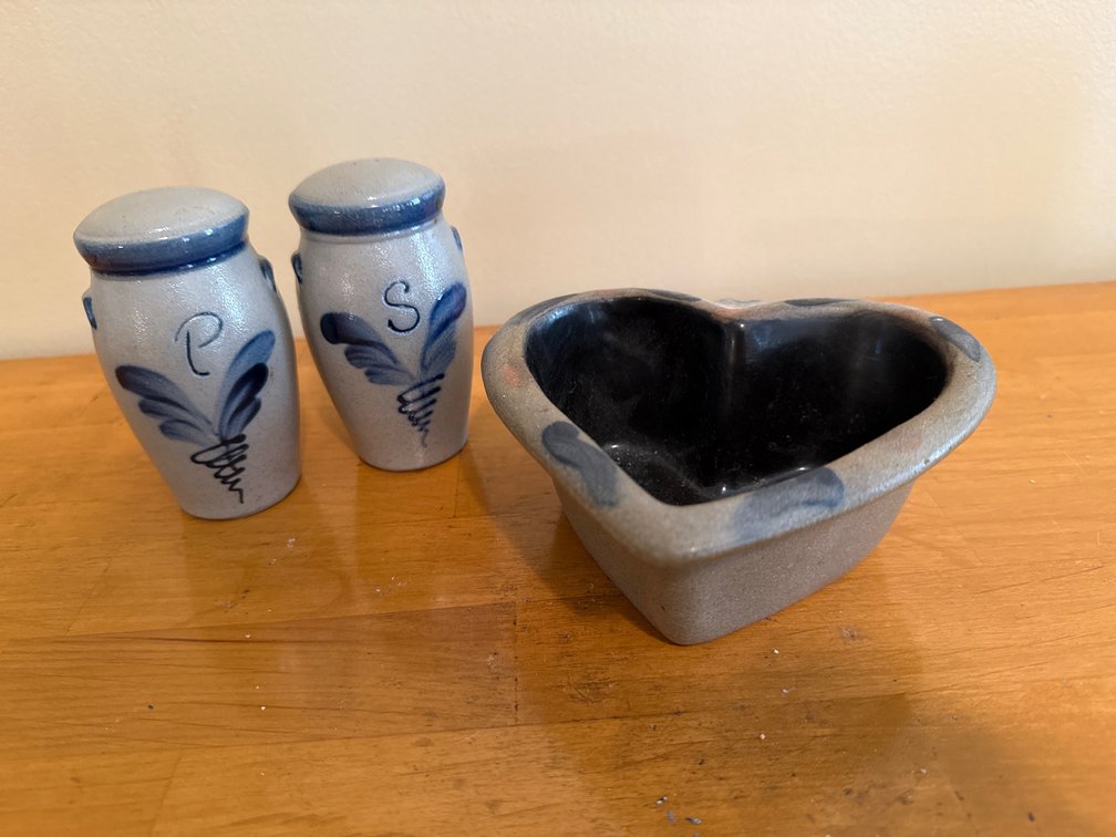 Rowe Pottery Works Stoneware Shakers & Heart Bowl