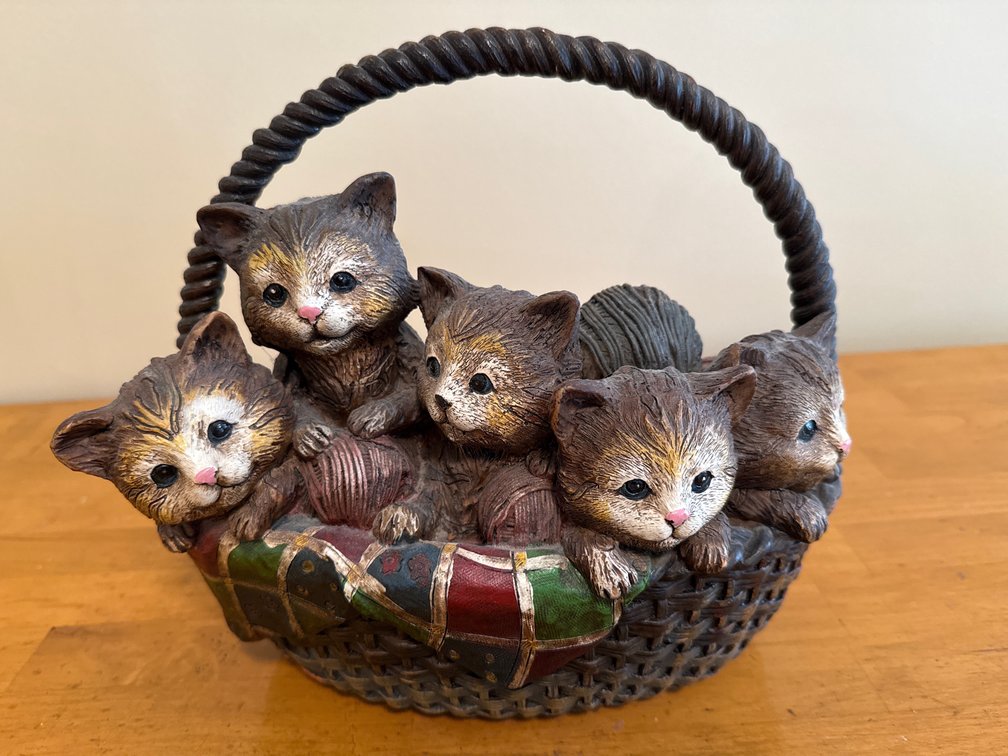 Painted Resin Kitten Basket Figurine