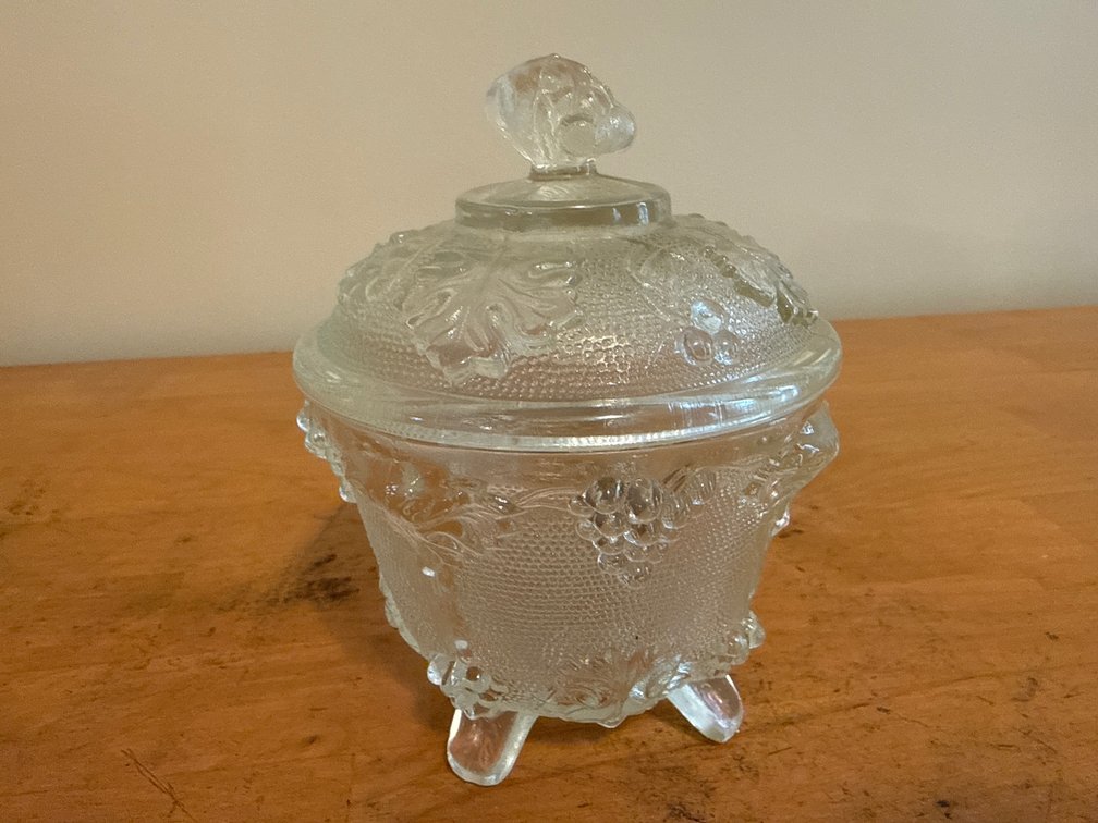Vintage Pressed Glass Grape Pattern Covered Dish