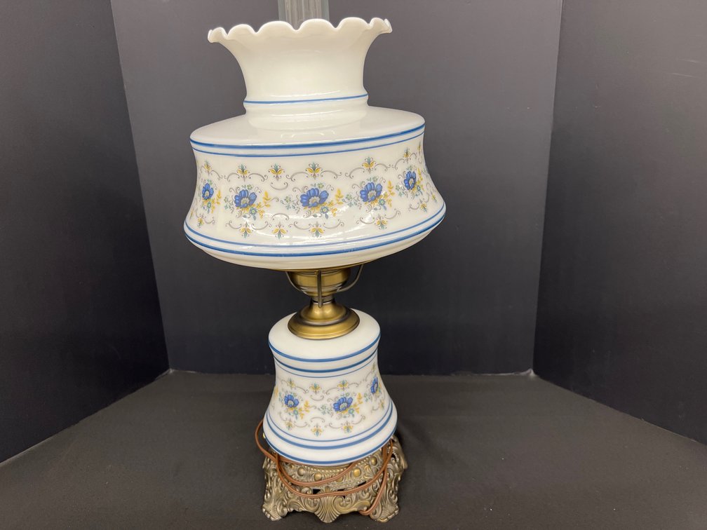 Blue Floral Milk Glass Hurricane Lamp
