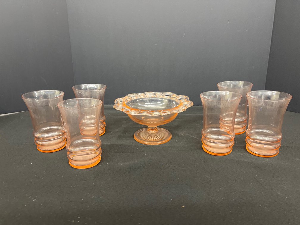 Pink Glass Tumblers and Pierced Rim Compote