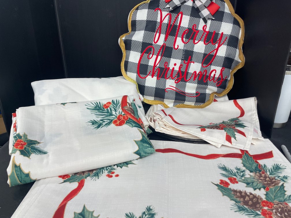 Holiday Table Linens and Embossed Glass Serving Platters