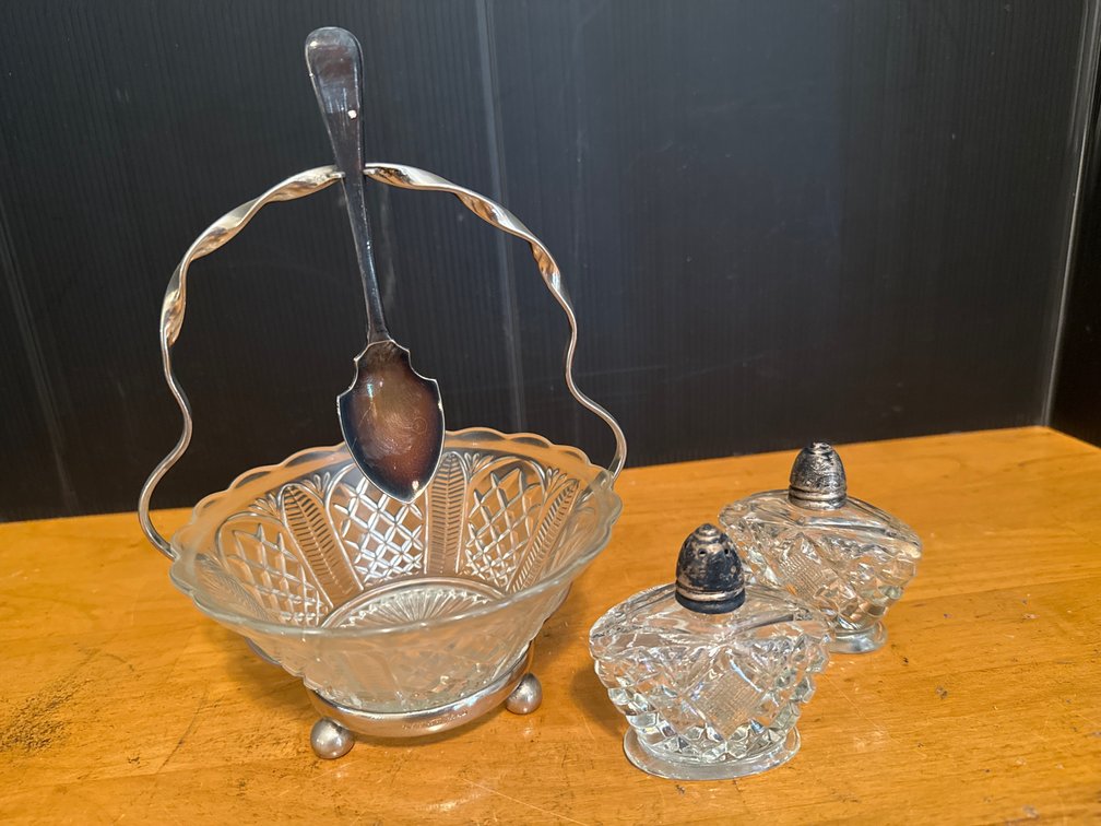 English Silver-Plated and Glass Condiment Set