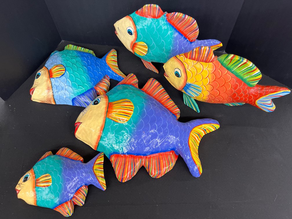 Hand-Painted Folk Art Wall Fish Sculptures