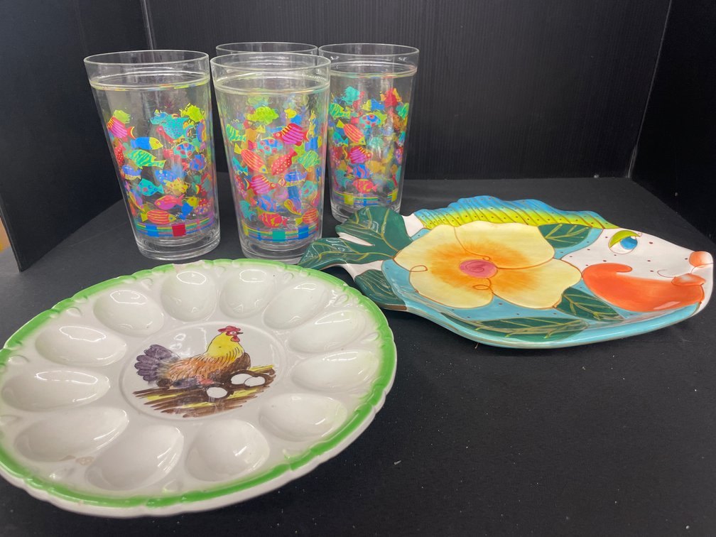 Diane Ceramic Fish Platter, Deviled Egg Plate & Tumblers