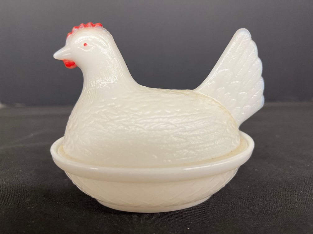 Painted Milk Glass Hen on Nest Covered Dish