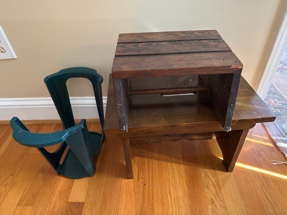 Wooden Bench, Step Stool and Plastic Boot Jack