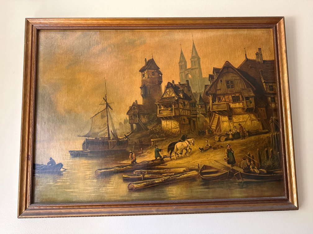 Framed Antique-Style European Harbor Scene Oil Painting