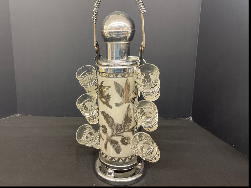 Mid-Century Silver Overlay Pump Decanter Barware Set