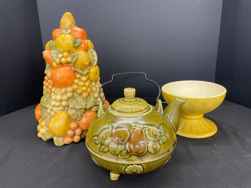 Ceramic Fruit Motif Teapot, Topiary & Compote