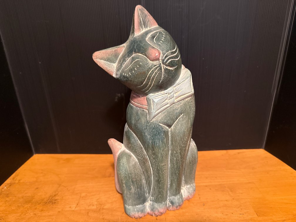Carved and Painted Wooden Cat Figurine