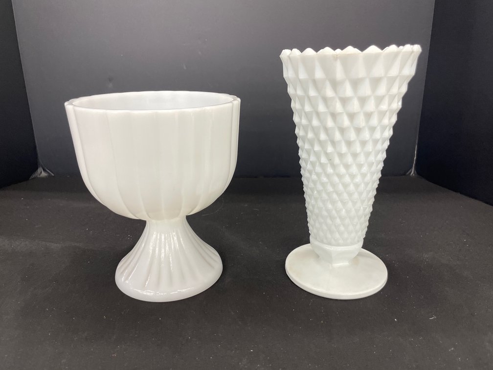 Milk Glass Ribbed Compote & Diamond Point Vase
