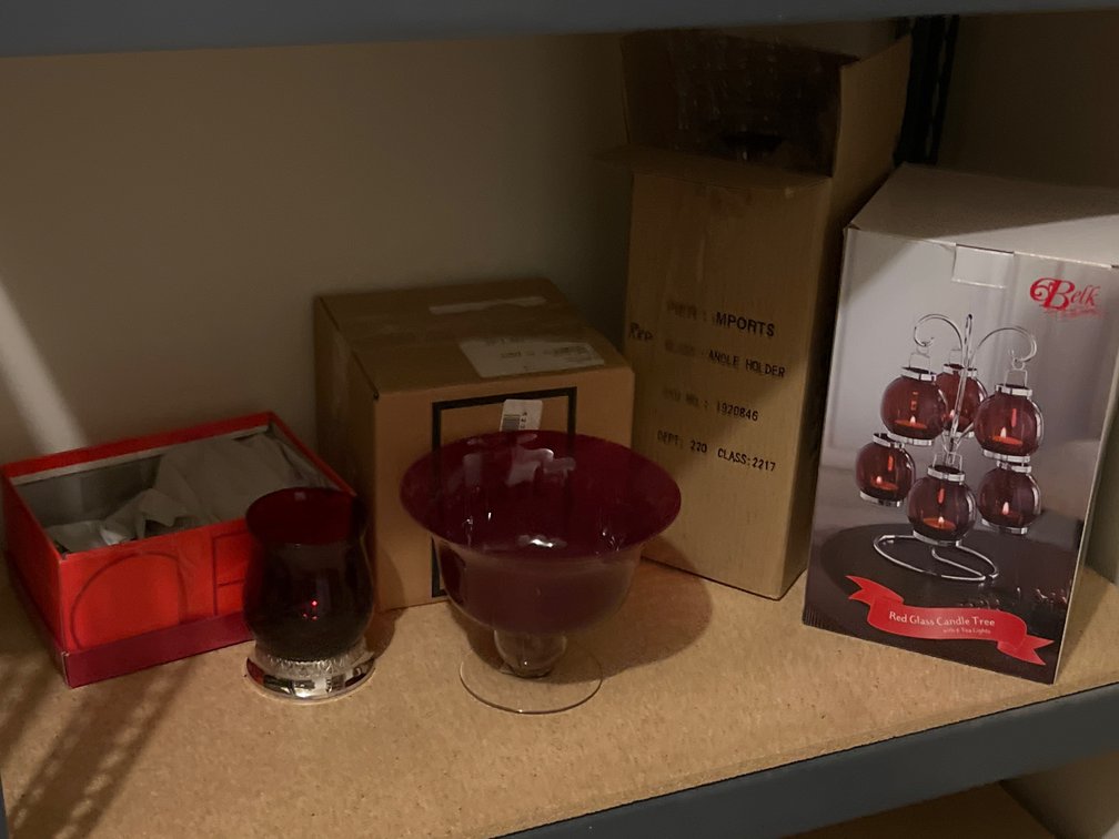 Red Glass Candle Tree, Holders & Pedestal Bowl