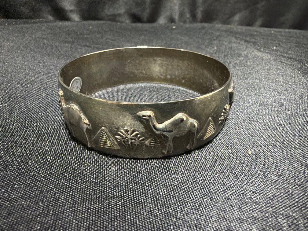 Embossed Camel and Pyramid Silver-Tone Bangle Bracelet