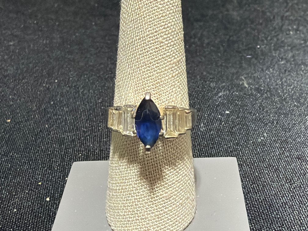 Sterling Silver Marquise Blue Stone and Baguette Accent Ring