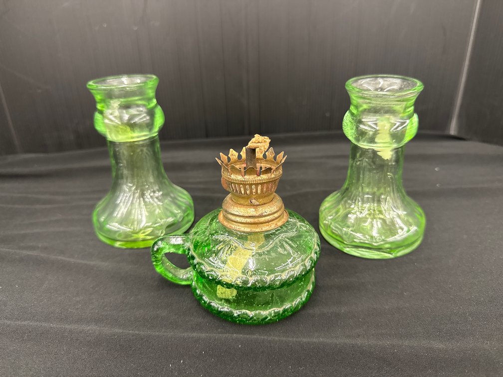Green Glass Finger Oil Lamp and Candlestick Holders