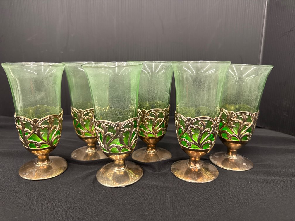 Green Glass Goblets in Pierced Metal Holders