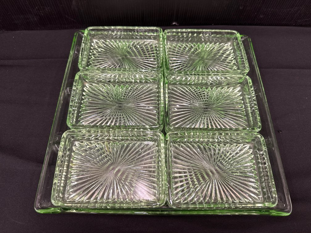 Green Pressed Glass Relish Serving Set