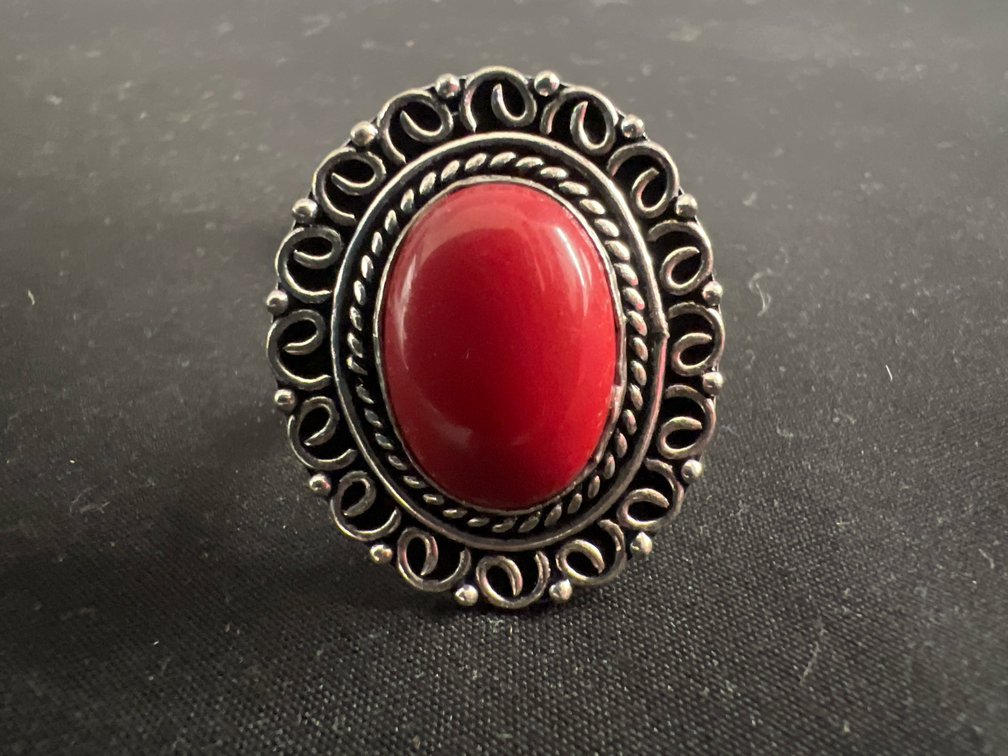German Silver Red Coral Cabochon Ring