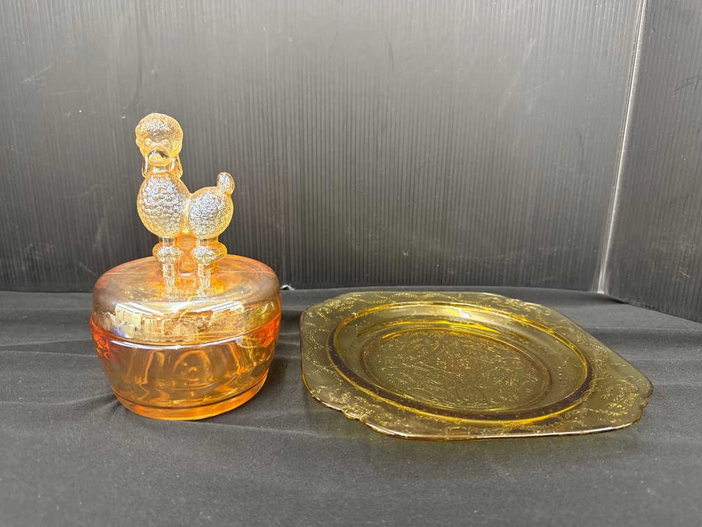 Amber Glass Poodle Covered Jar and Square Plate
