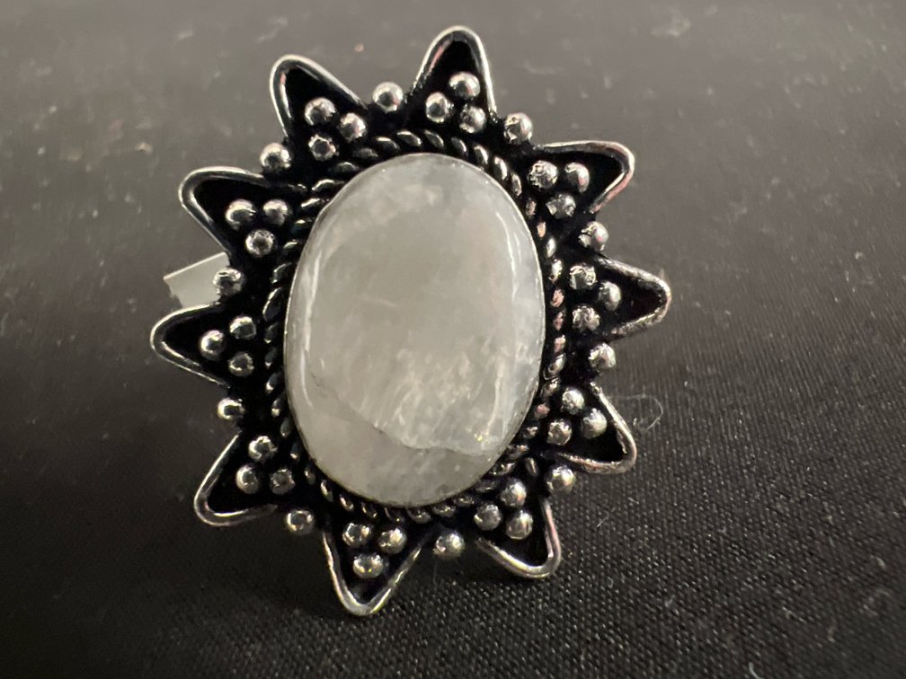 German Silver Rainbow Moonstone Starburst Ring, Size 7