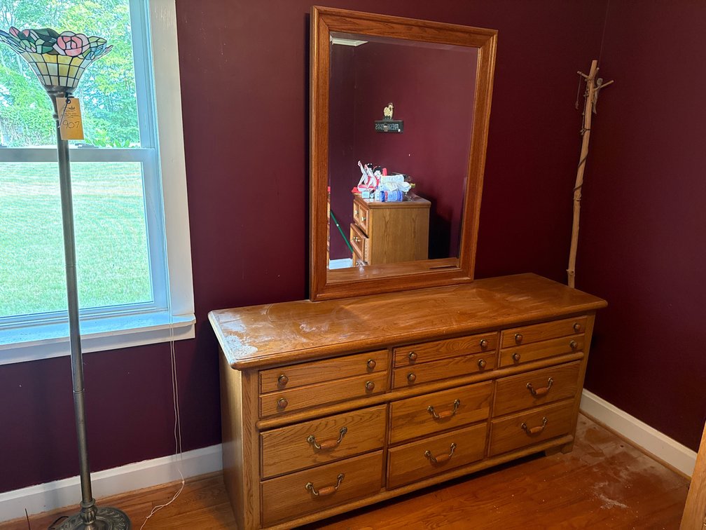 Oak Nine-Drawer Dresser with Matching Mirror