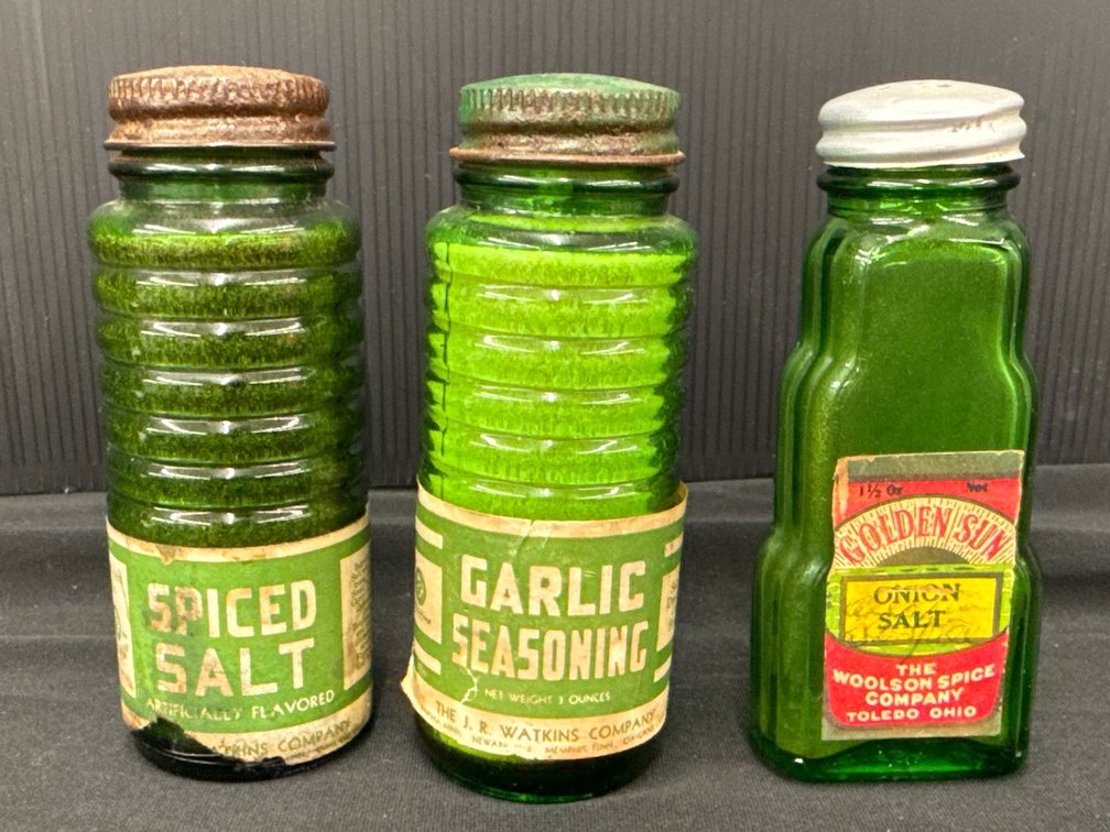 Green Glass Spice Shakers with Metal Lids
