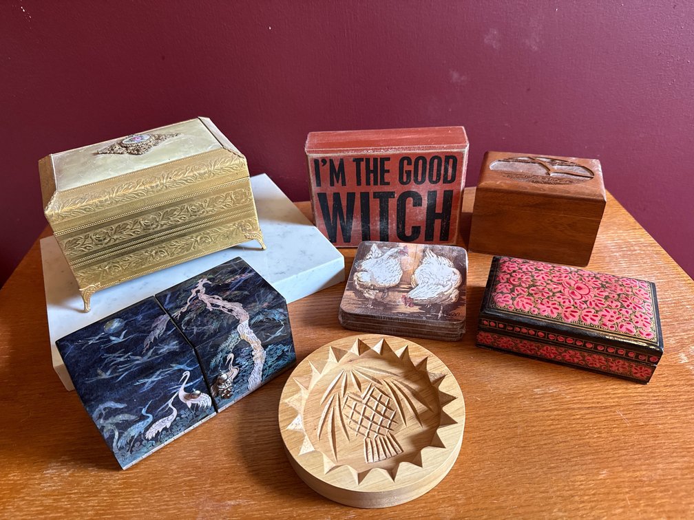 Decorative Trinket Boxes, Wooden Block Sign, and More