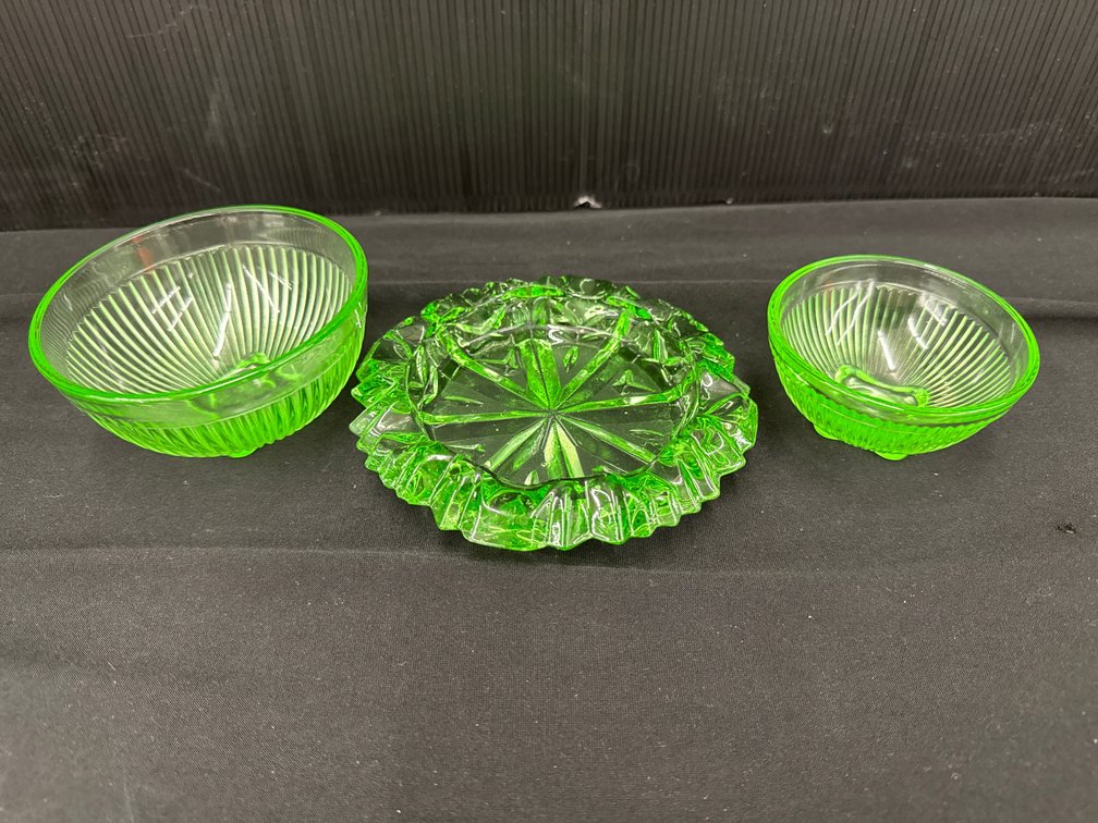 Green Glass Bowls and Dish