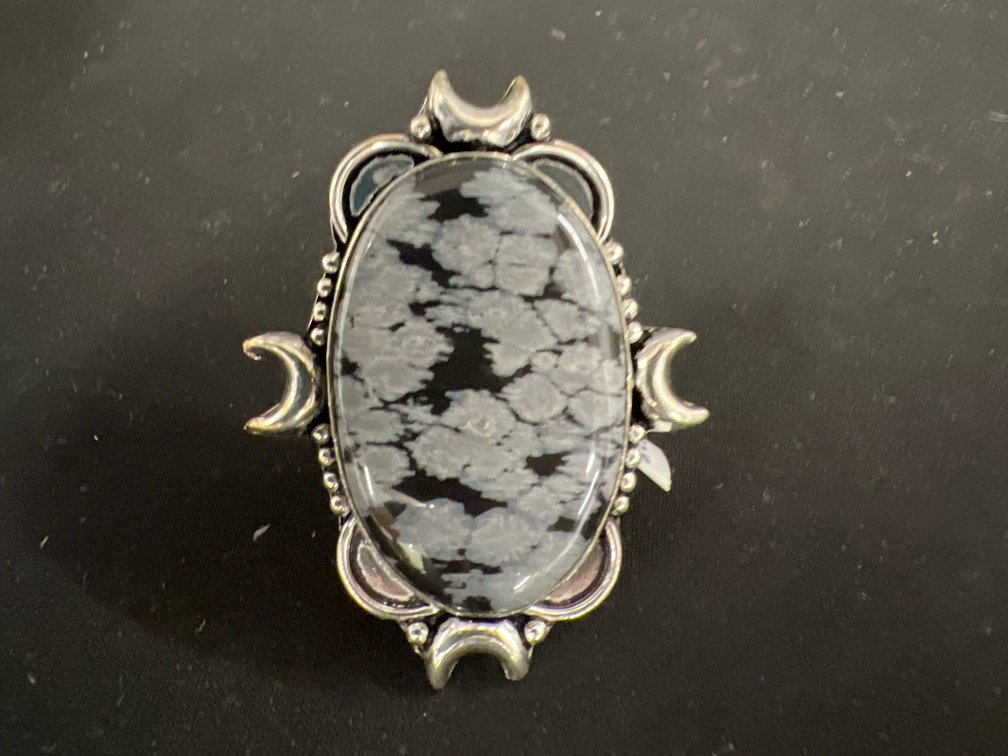 German Silver Snowflake Obsidian Cabochon Ring, Size 7