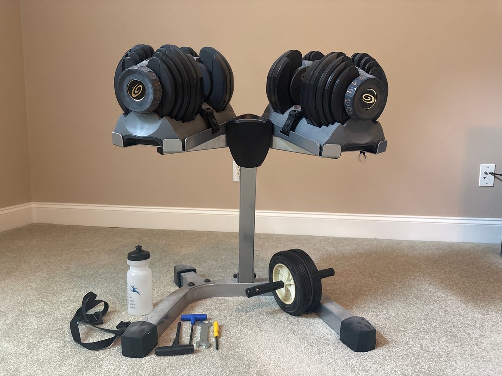 Adjustable Dumbbells on Stand with Ab Roller and Accessories