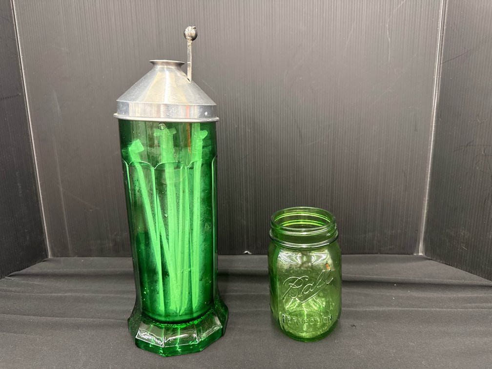 Green Glass Straw Dispenser and Canning Jar