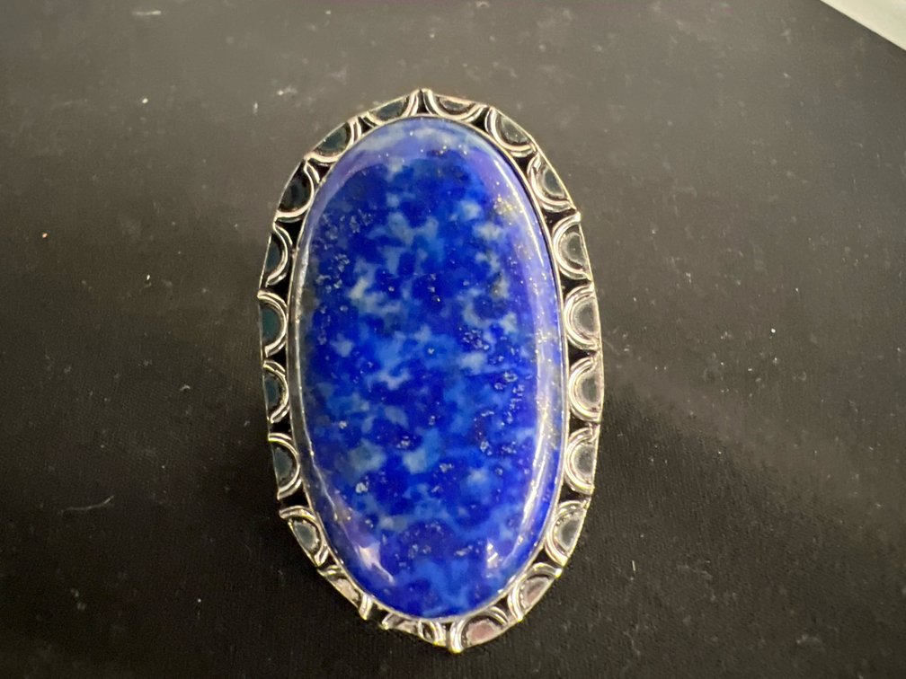 German Silver and Oval Lapis Lazuli Cabochon Ring, Size 9