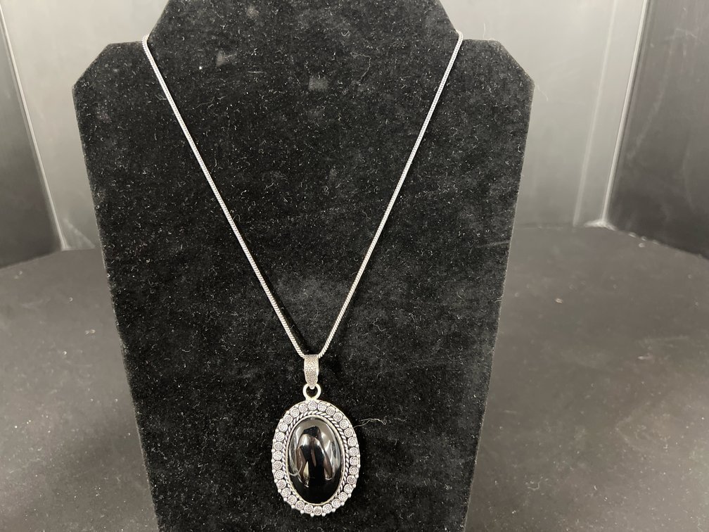 Silver-Tone Oval Black Cabochon Pendant Necklace