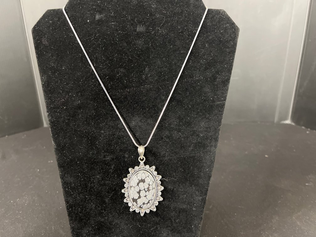 Snowflake Obsidian Oval Pendant Necklace