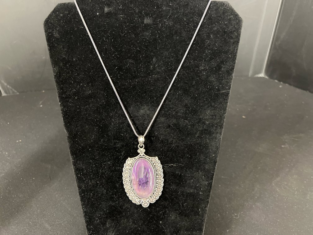 Silver-Tone Purple Cabochon Pendant Necklace